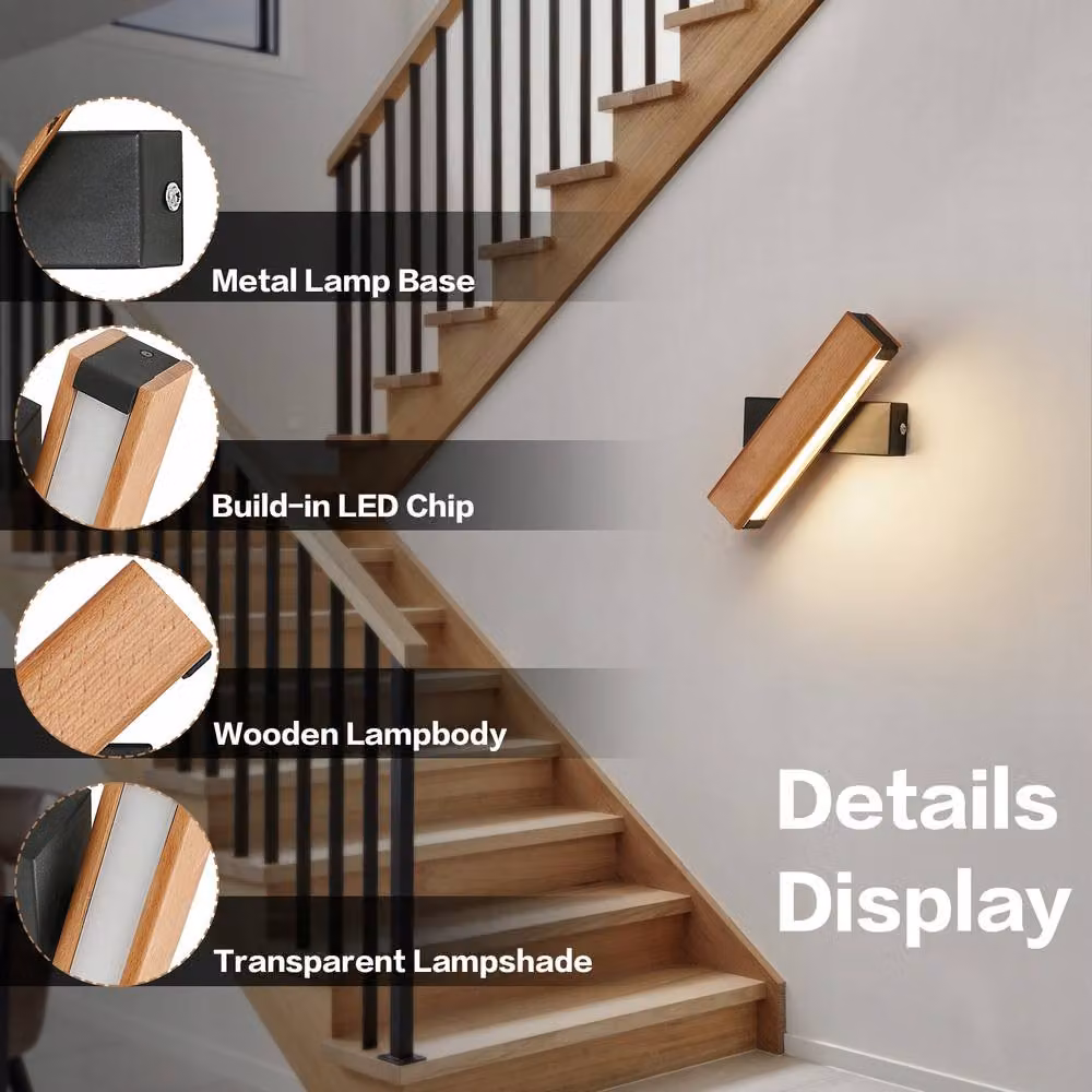 COMELY Black and Wood Scandinavian LED Indoor Wall Lights with 360 Degree Rotatable Adjustable Design – 3