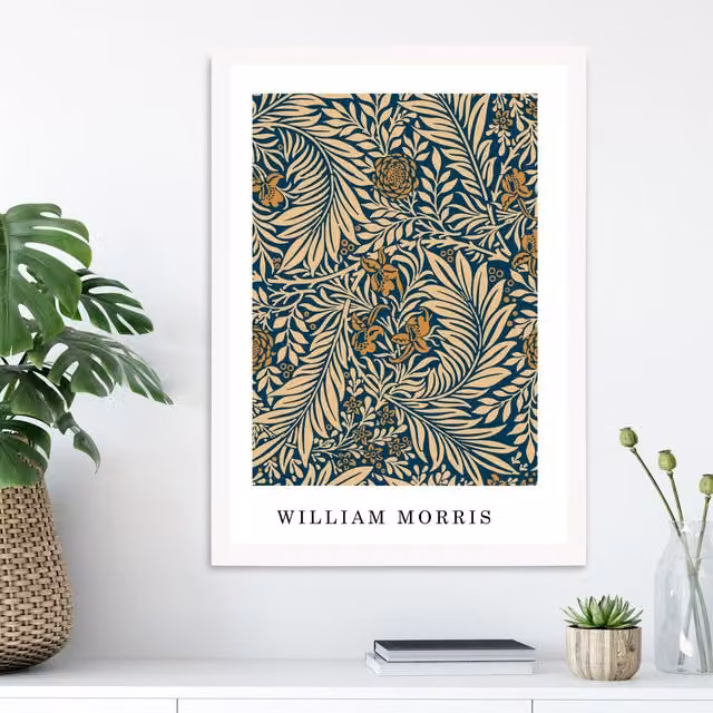 ARTZE Vintage William Morris Larkspur Floral Art Print in Navy, Beige and White with White Frame – 1