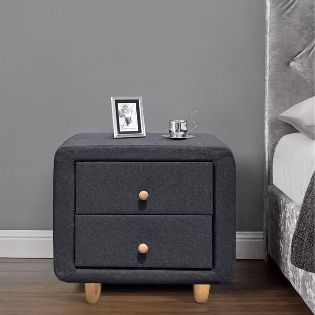 Comfy Living Grey Linen Fabric 2 Drawer Bedside Table with Oak Feet