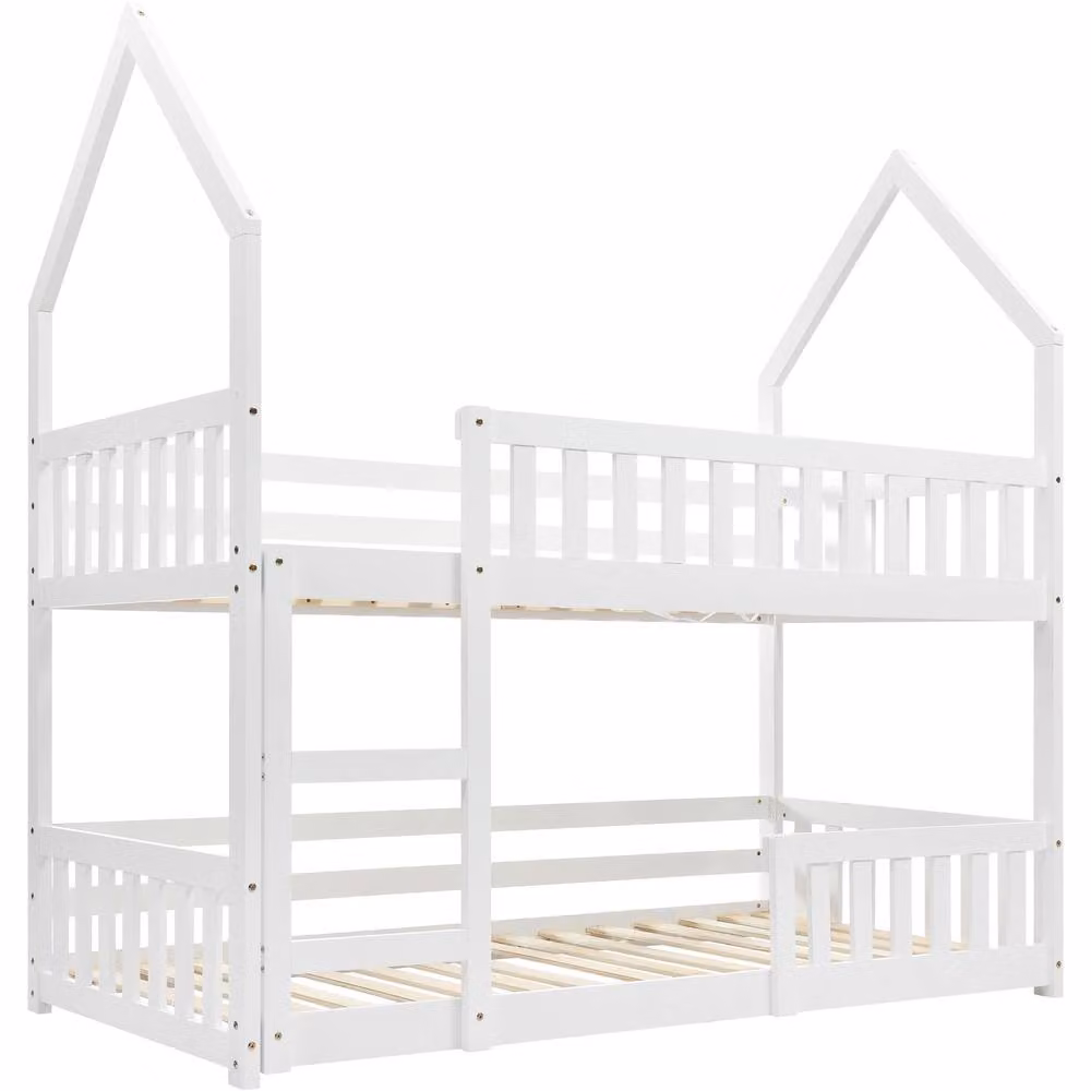 Merax White Wood House Bunk Bed with Ladder for Children, W/D/H: 90 x 190 x 192 cm – 2