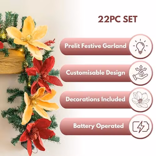 Marco Paul 9ft Pre-Lit Christmas Garland with Red and Gold Flowers and Green Accents – 3