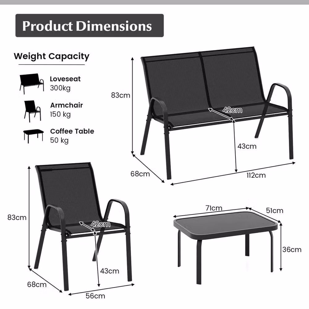 Hinsinc Black 4-Piece Metal and Glass Patio Table and Chairs Set – 2