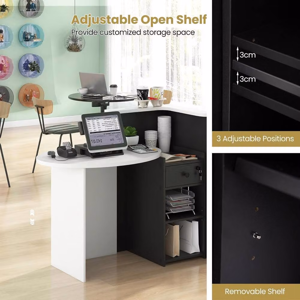 Gymax Oval Reception Counter Desk with Lockable Drawer and Adjustable Shelf in Black – 5