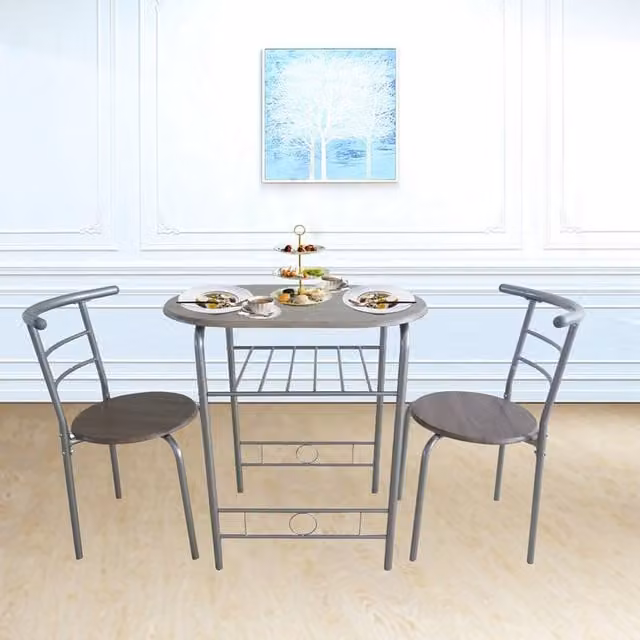 WestWood Modern Round Compact Dining Table and 2 Chairs Set in Silver and Grey