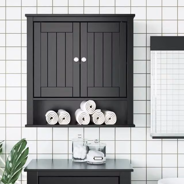 Berkfield Home BERG Black Solid Wood Bathroom Wall Cabinet, W/D/H: 69.5 x 27 x 71.5 cm