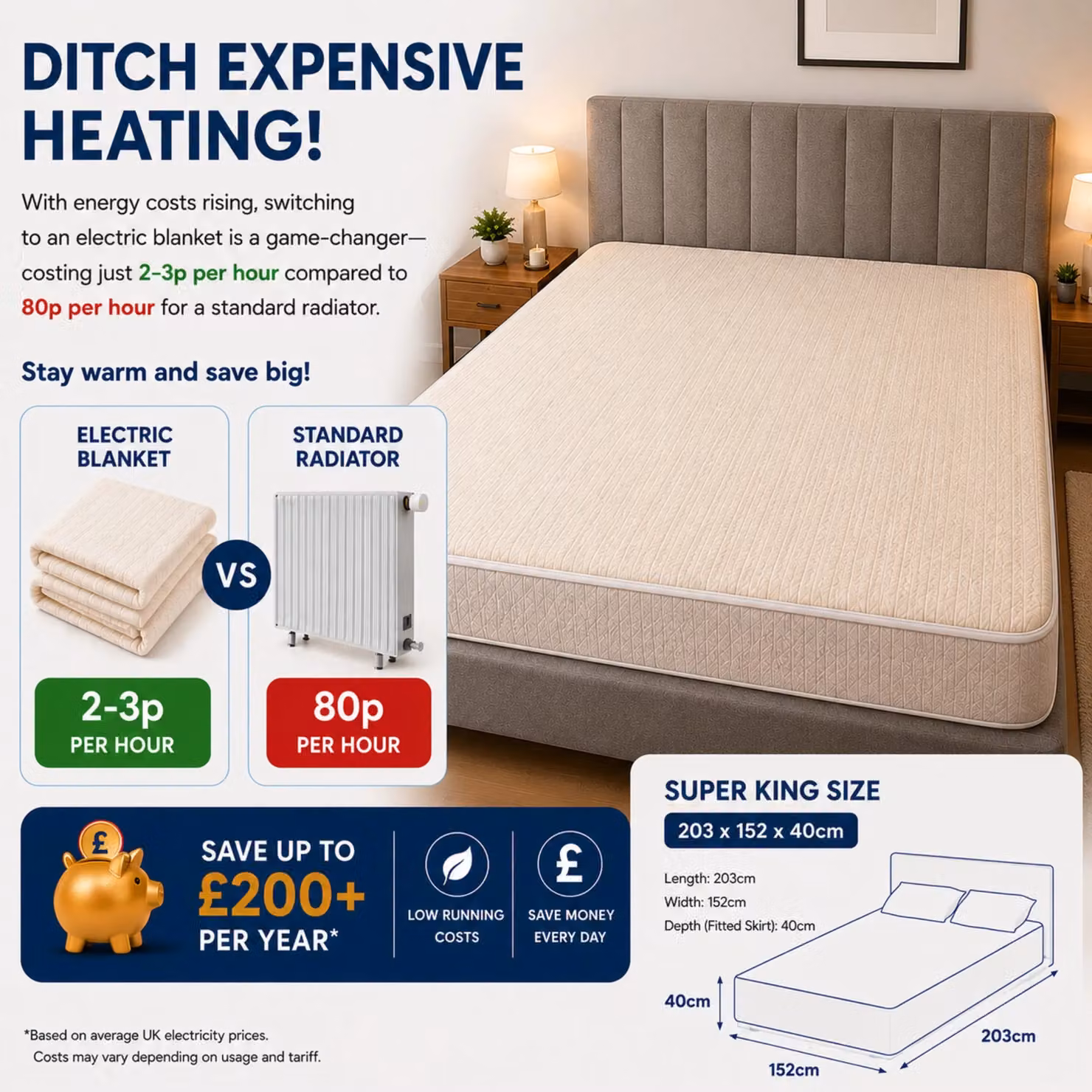 MYLEK Super King Size Fleece Heated Fitted Electric Blanket in White, W/D/H: 200 x 200 cm – 5