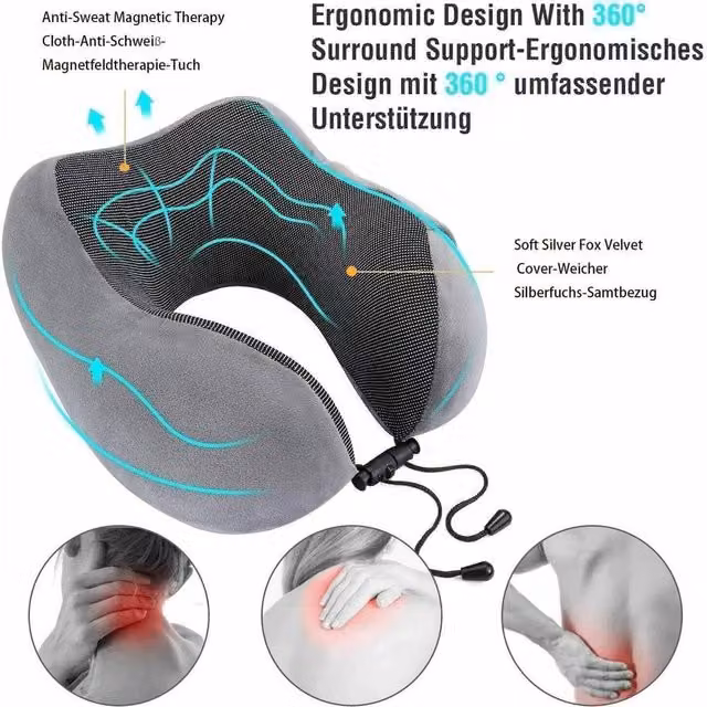 KORVIXA Grey U-Shaped Memory Foam Travel Neck Pillow with Breathable Velours Fabric – 1