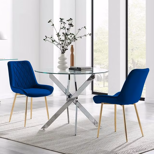 FurnitureboxUK Novara 100cm Round Glass Dining Table and 2 Pesaro Gold Leg Chairs in Navy Blue