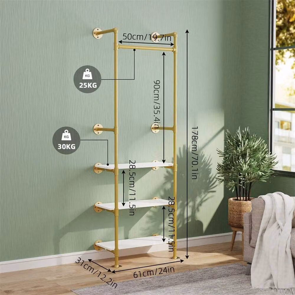 ERGOVEXA Industrial Vintage Rolling Pipe Clothing Rack in Gold and White – 2