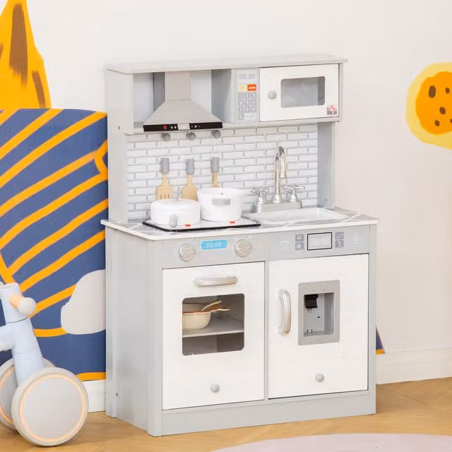 HOMCOM Kids Wooden Kitchen Play Cooking Toy Set in Grey