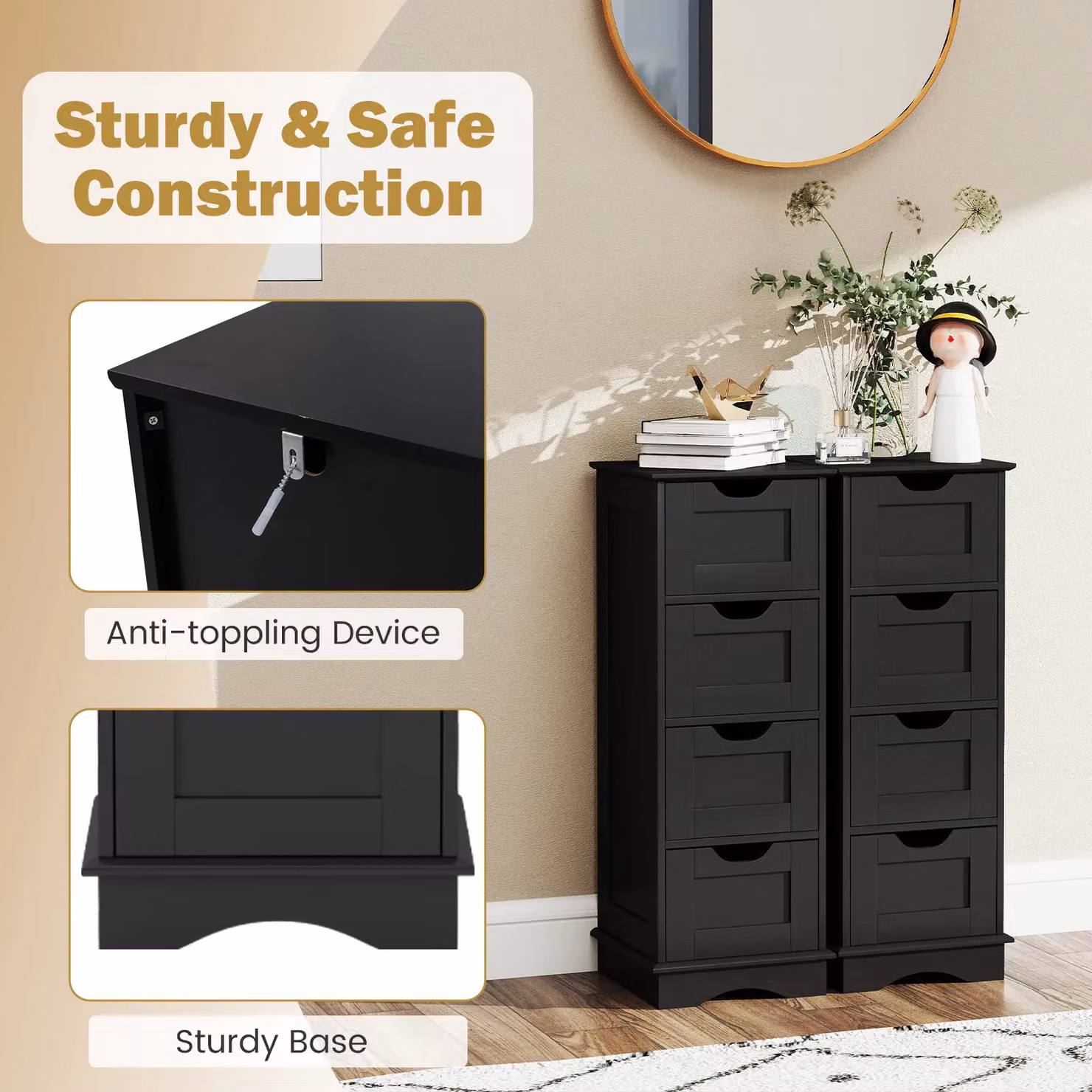 Gymax Modern Matt Black Freestanding 4-Drawer Narrow Storage Cupboard Bathroom Floor Cabinet – 9