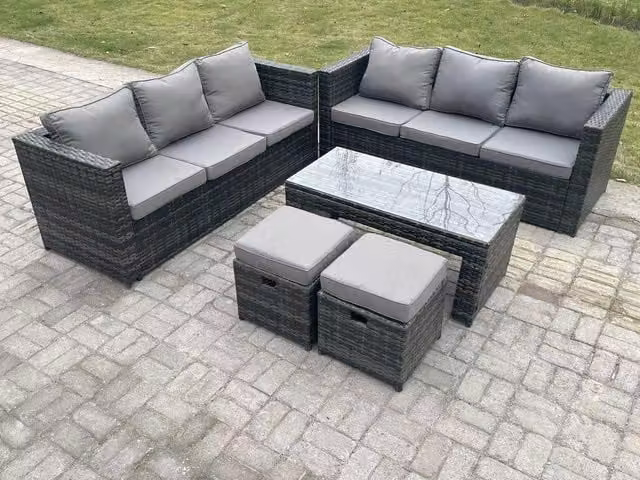 Fimous Outdoor Rattan Garden Furniture Lounge Sofa Set with Coffee Table and 2 Stools in Dark Grey