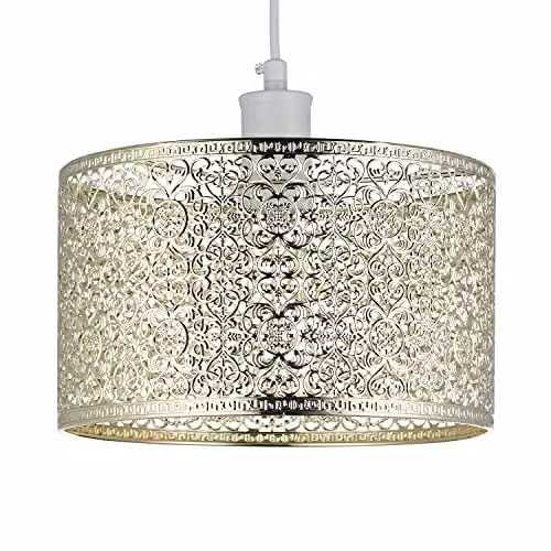 Happy Homewares Ornate Moroccan Style Gold Metal Circular Pendant Lamp Shade, W: 25 cm, H: 15 cm – 1