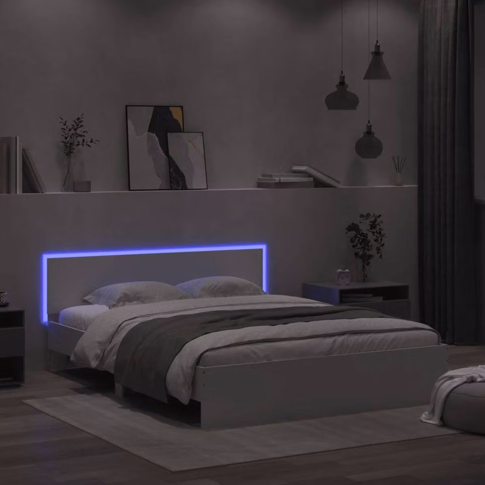 Berkfield Home Modern White Bed Frame with LED Under-Bed Lighting and USB Charging Port, W/D/H: 160 x 200 cm – 3