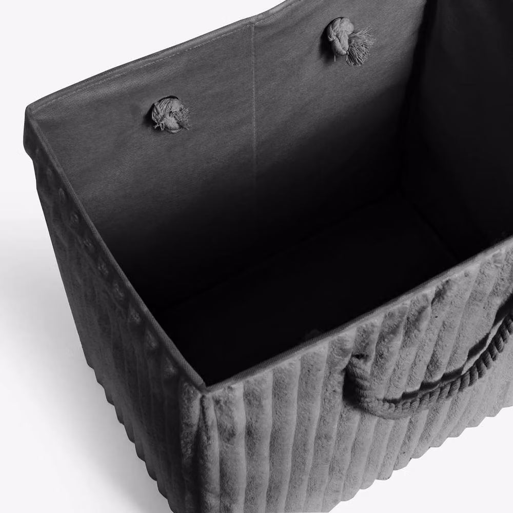 OHS Ribbed Faux Fur Folding Laundry Basket Bag with Lid and Handles in Grey – 3