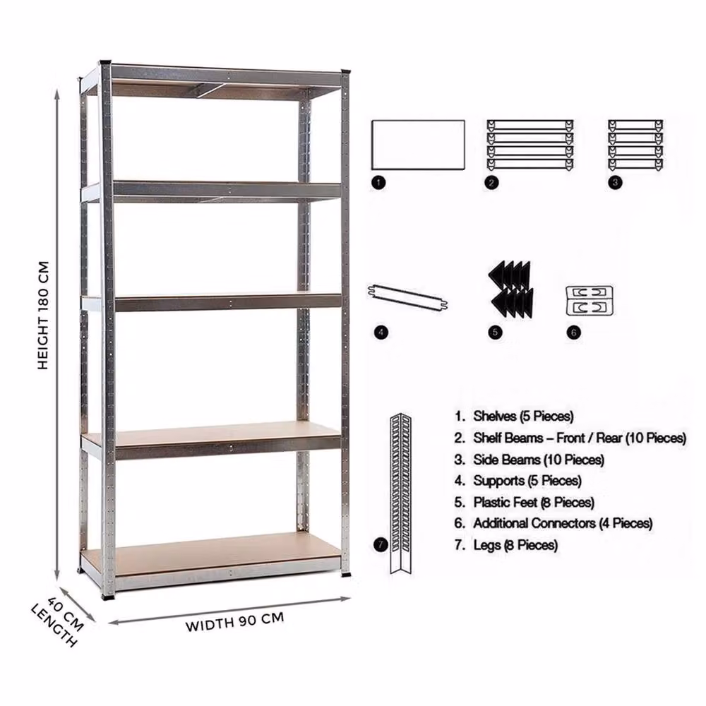 Nordara 5-Tier Heavy Duty Metal Storage Rack in Silver, W: 100 cm, H: 200 cm – 2
