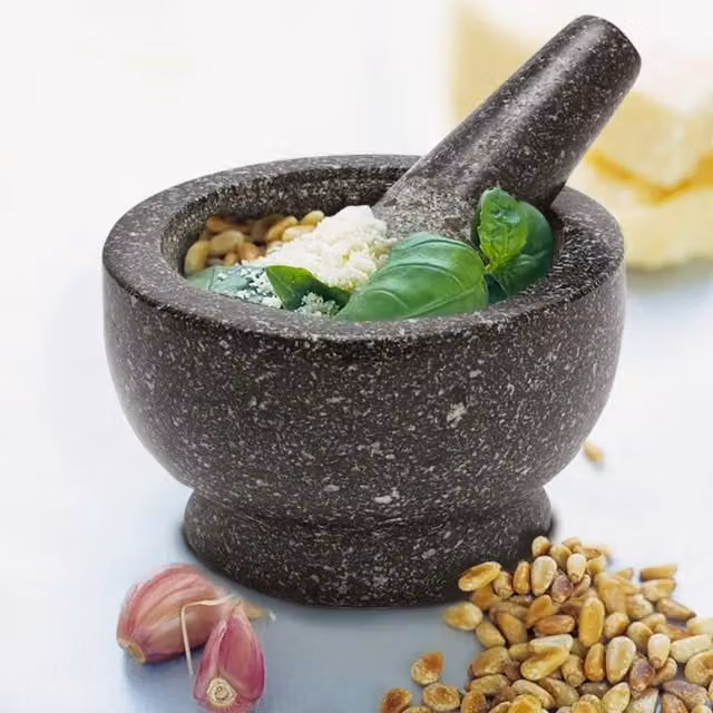 Homiu Black Marble Round Pestle and Mortar with Stand, 14 cm