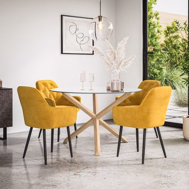 More4Homes Malvern Round Dining Table and Anika Velvet Dining Chair Set, Clear Glass Top with Solid Oak Legs and 4 Mustard Yellow Chairs, Diameter: 120 cm, Height: 75 cm – 1
