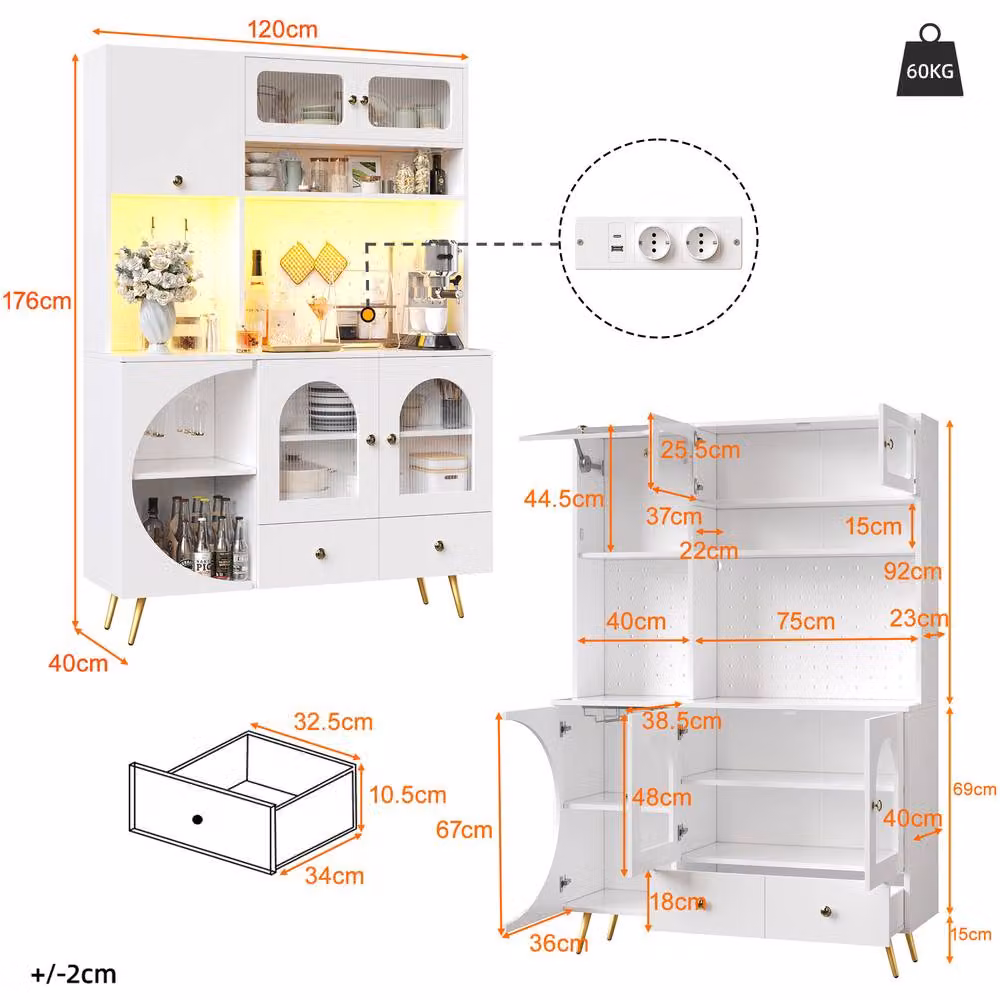 BTM Tall Kitchen Cabinet in White with LED Lighting, USB Ports and Glass Shelves, W/D/H: 120 x 40 x 176 cm – 3
