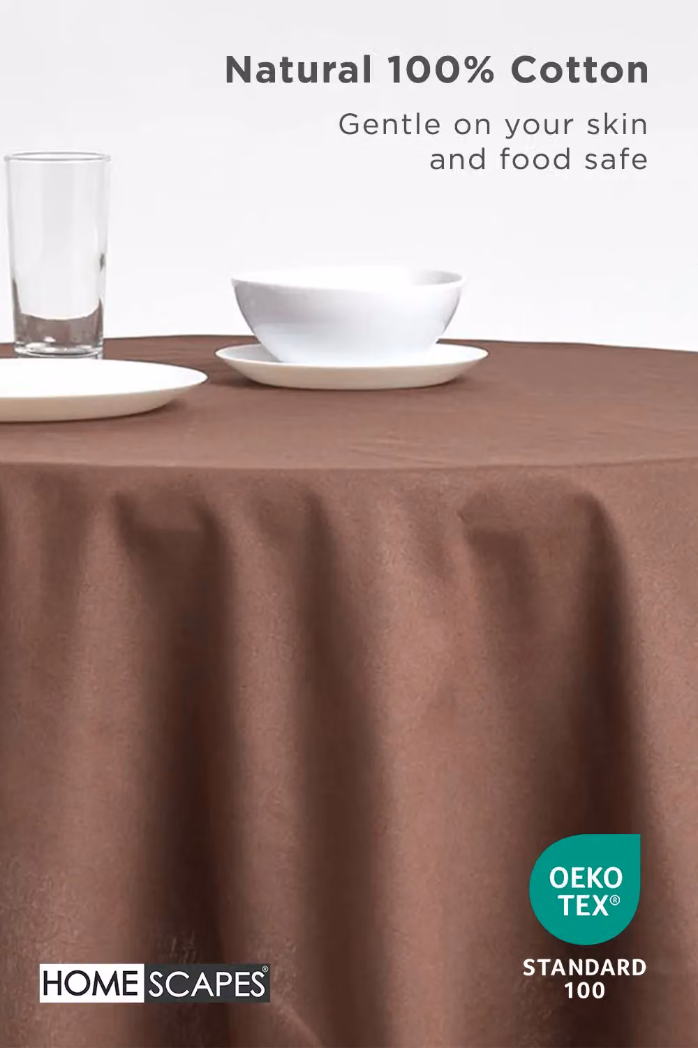 Homescapes Plain Round Cotton Tablecloth in Brown, Diameter: 178 cm – 3