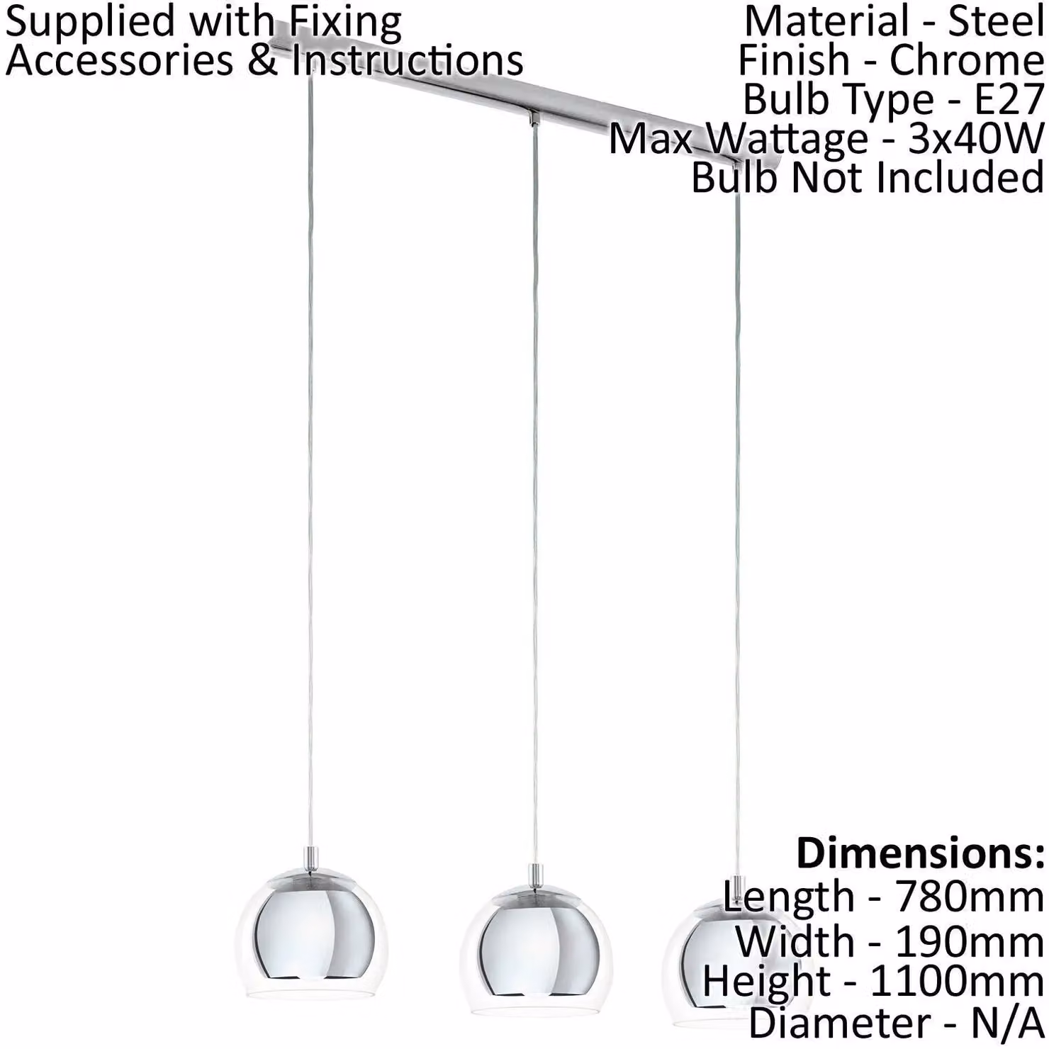 Loops Chrome Plated Pendant Ceiling Light with Transparent Glass Shades and E27 Sockets