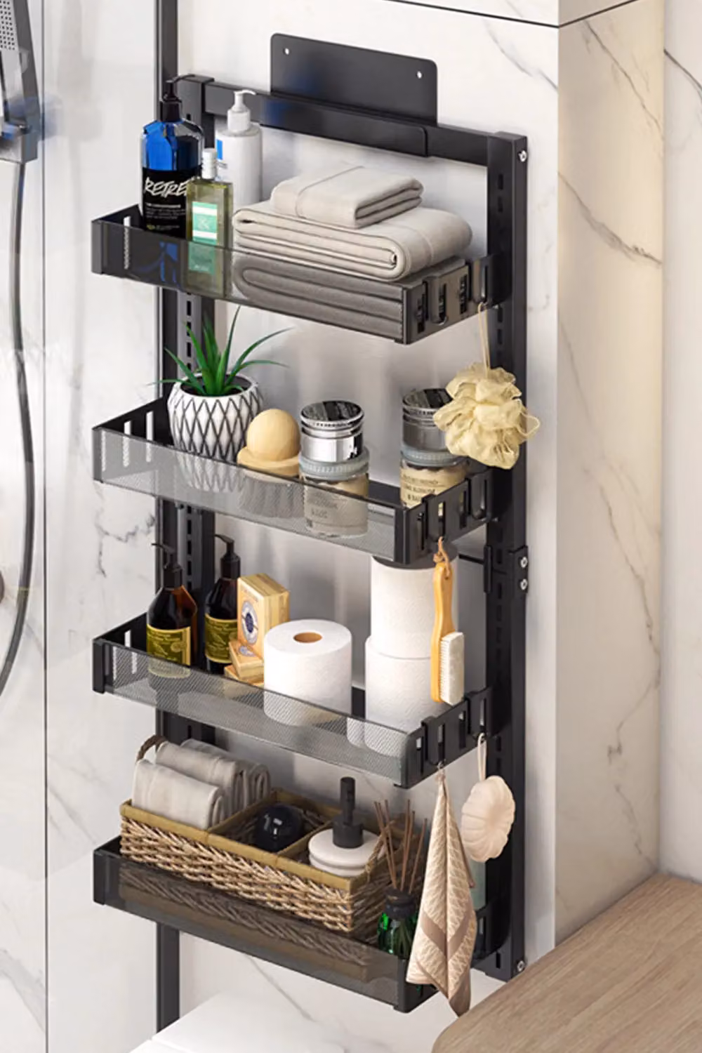 Living and Home 4 Tier Adjustable Hanging Shower Caddy with Hooks in Black – 2