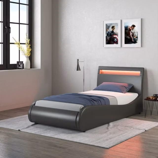 SlumberWorx Orion LED Lights Upholstered Faux Leather Bed Frame, Black, 90 x 190 cm