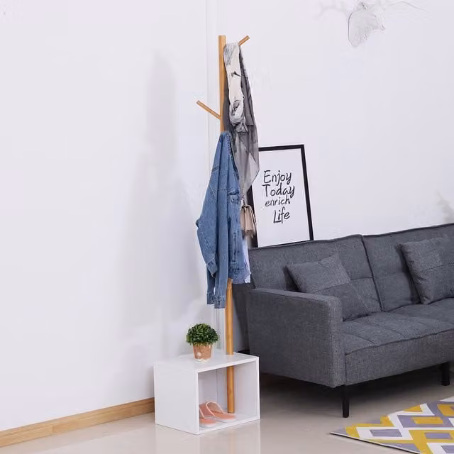 HOMCOM Minimalist Hall Tree with Bench and Shoe Rack, Bamboo and MDF, White and Natural Wood