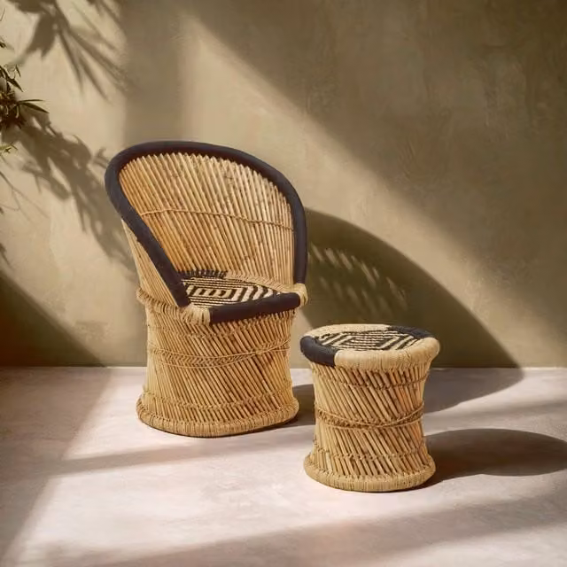 Orsina Handwoven Rattan and Bamboo Chair and Stool Set in Natural and Grey and Black – 1