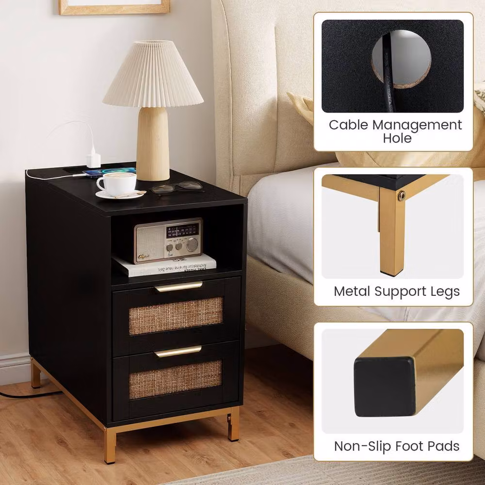 Gymax Narrow Rattan Side Table with Charging Station and 2 Drawers in Black – 3