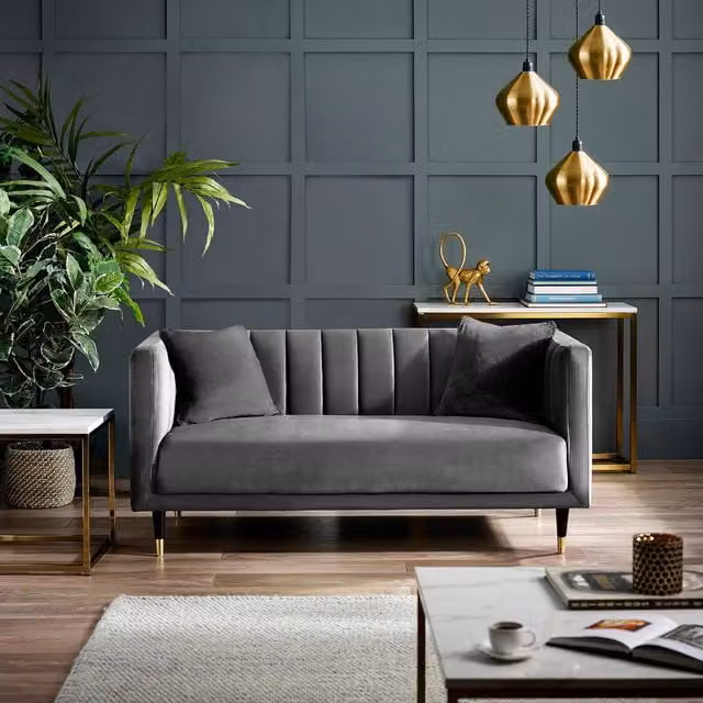 Julian Bowen Salma Scalloped Back 2 Seater Grey Velvet Upholstered Sofa