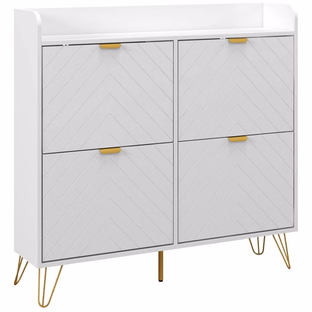 Wyld Haus Zikase White Slim Shoe Cabinet with 4 Tilting Compartments and Gold Details – 2
