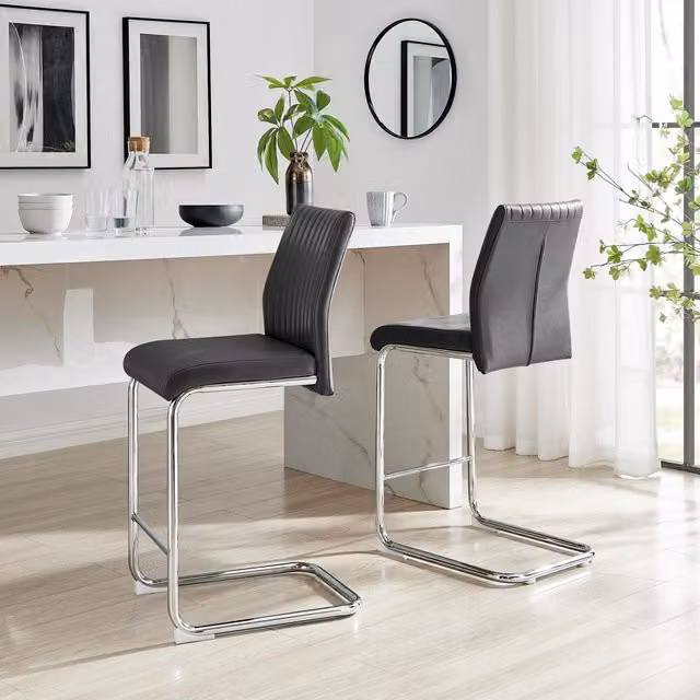 FurnitureboxUK Lorenzo Set of 2 Faux Leather and Metal Counter Stools in Black and Silver