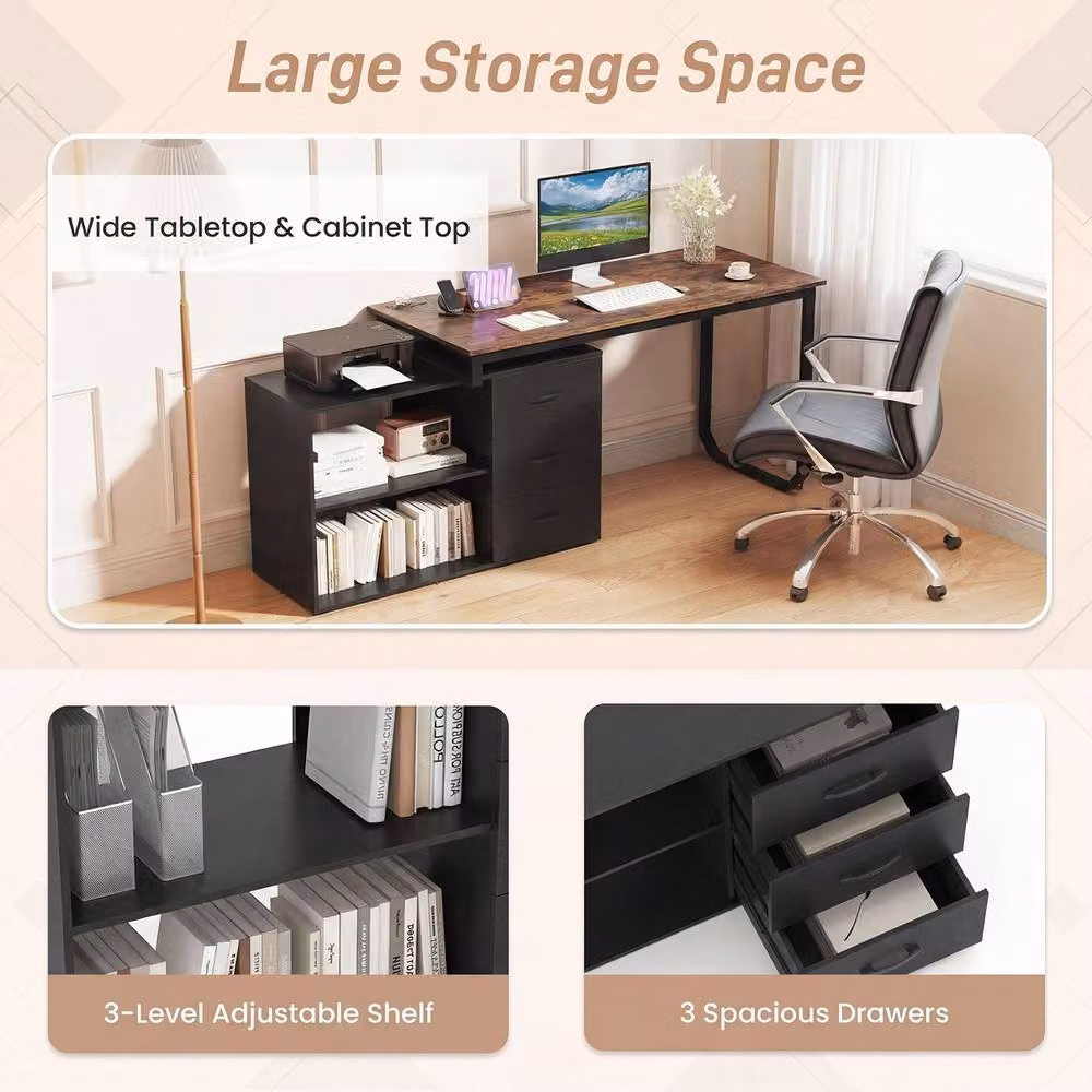 Costway Reversible L-Shaped Corner Desk with Power Outlet in Brown, Width: 140 cm – 5