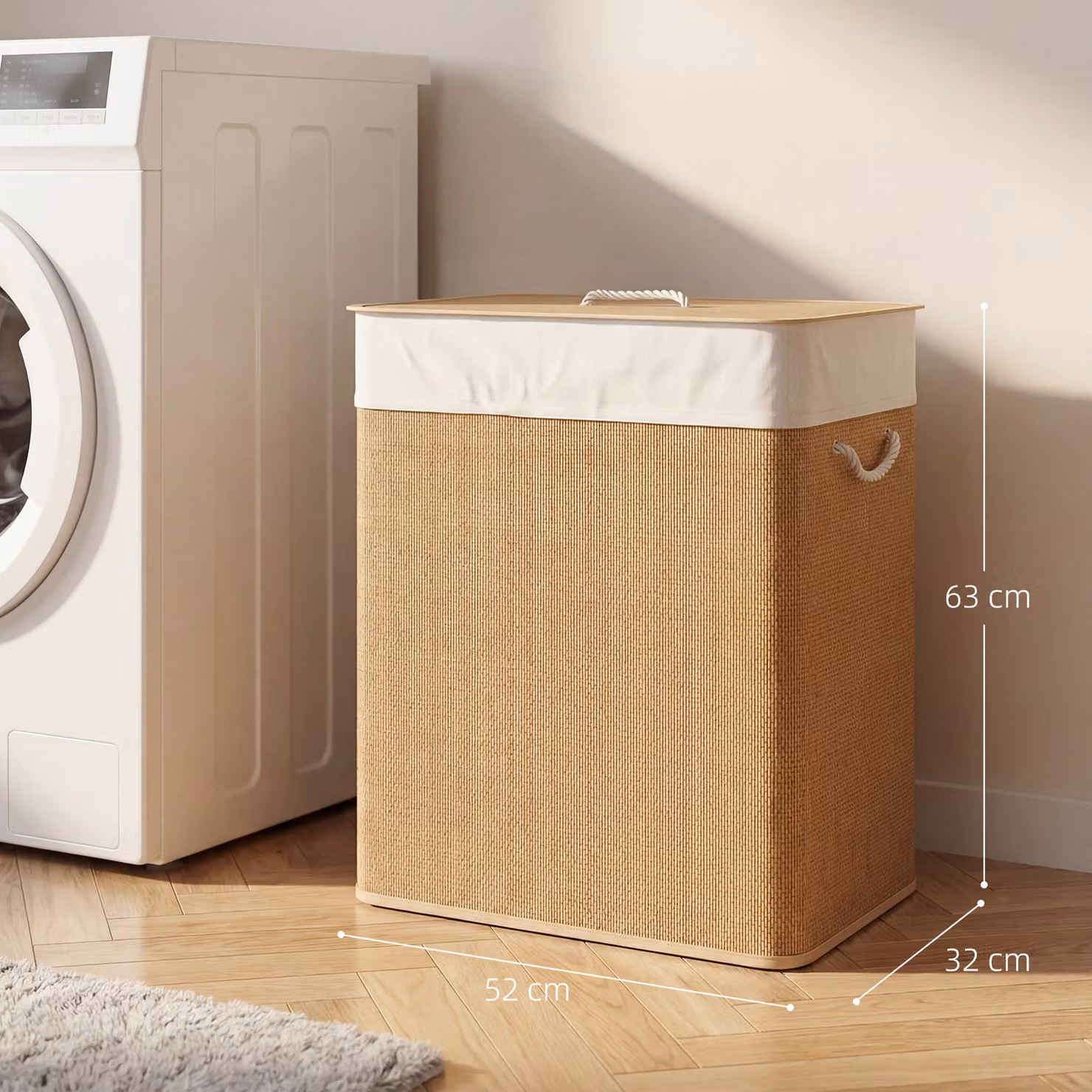 HOMCOM Double Laundry Basket with Lid, 100L Bamboo Hamper with Rope Handles and Removable Liner, Brown and Beige – 2