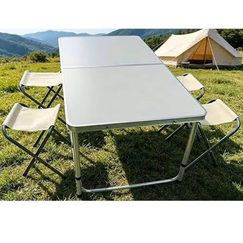 Gr8 Garden Height Adjustable Folding Camping Picnic Table Set with 4 Stools, Grey Powder Coated Aluminium and MDF Laminate, W/D/H: 120 x 60 x 70 cm – 3
