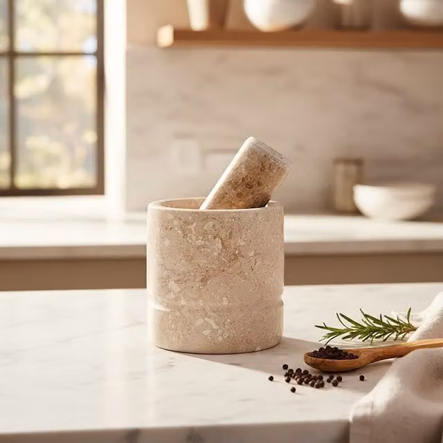 Orsina Cream Marble Round Mortar and Pestle in Beige – 1
