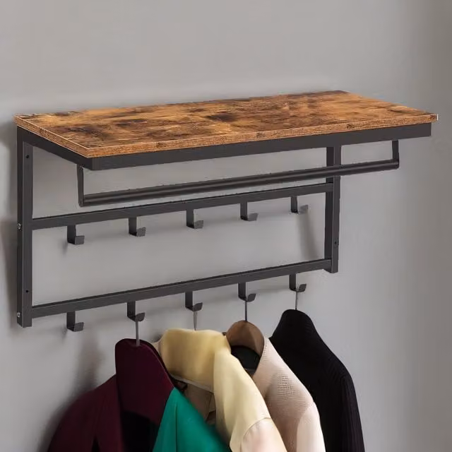 Rafaelo Mobilia Wall-Mounted Industrial Coat Hook and Shelf with 10 Hooks in Brown and Black – 1