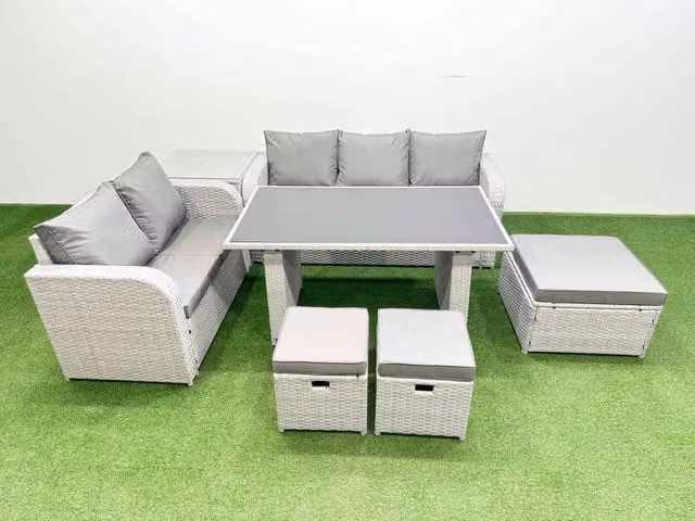 Fimous Garden Furniture Set with Rectangular Dining Table and 3 Stool Side Tables in Light Grey