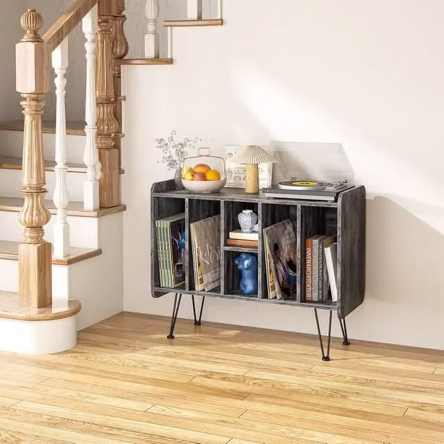 Huhote Grey Vinyl Turntable Stand with 3 Tier Storage Cabinet – 1
