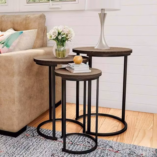 KORVIXA Set of 3 Round Vintage Wood and Metal Nesting Coffee Tables in Brown