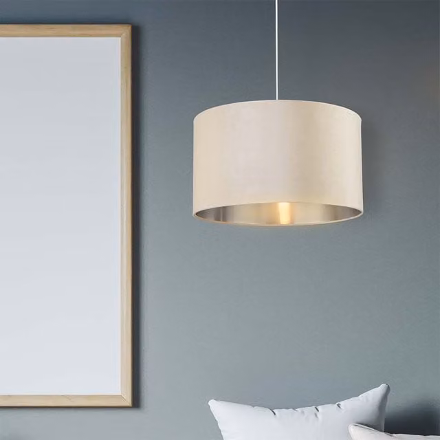 Lighting Collection Light Grey Velvet Drum Lamp Shade with Silver Inner, Diameter: 35 cm