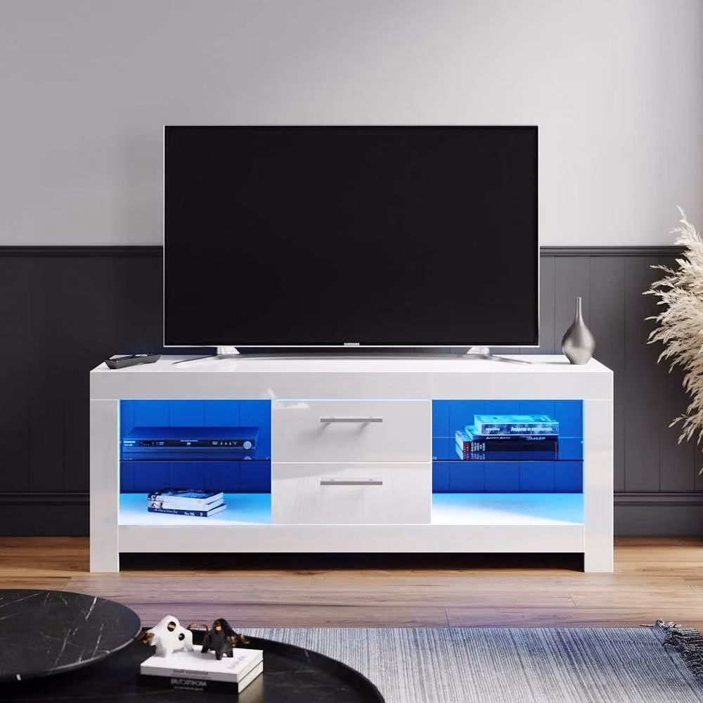FLAVORA High Gloss White TV Stand Unit with Integrated Lighting, W/D/H: 130 x 40 x 50 cm – 3