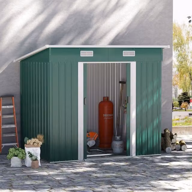 Outsunny Green Metal Pent Outdoor Garden Storage Shed with Window and Sliding Doors, W/D/H: 213.36 x 121.92 x 121.92 cm
