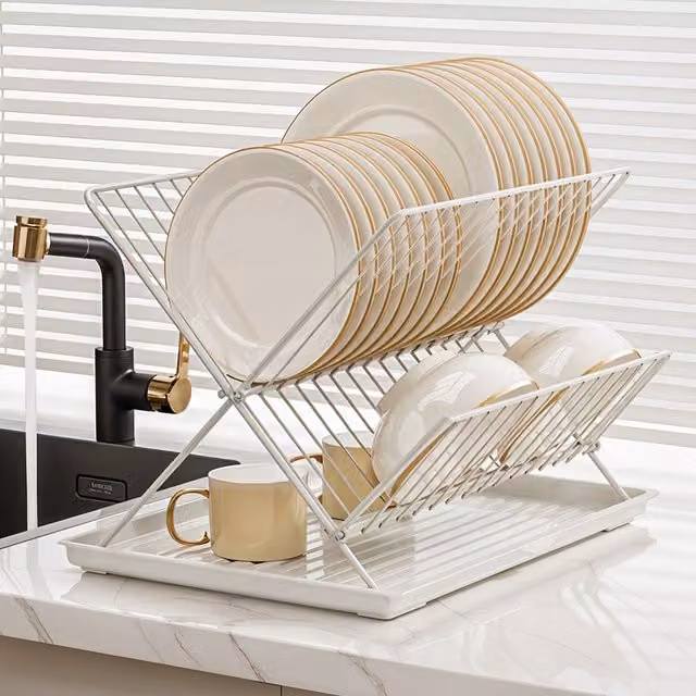 Lifeideas 2 Tier Foldable Metal Countertop Dish Drying Rack with Drip Tray, White
