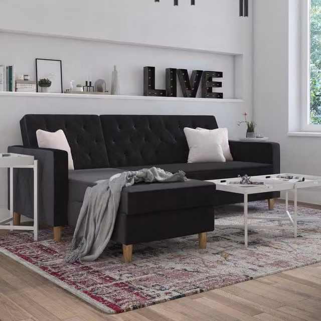 Dorel Home CL Liberty Sectional Sofa Bed in Black Velvet Fabric