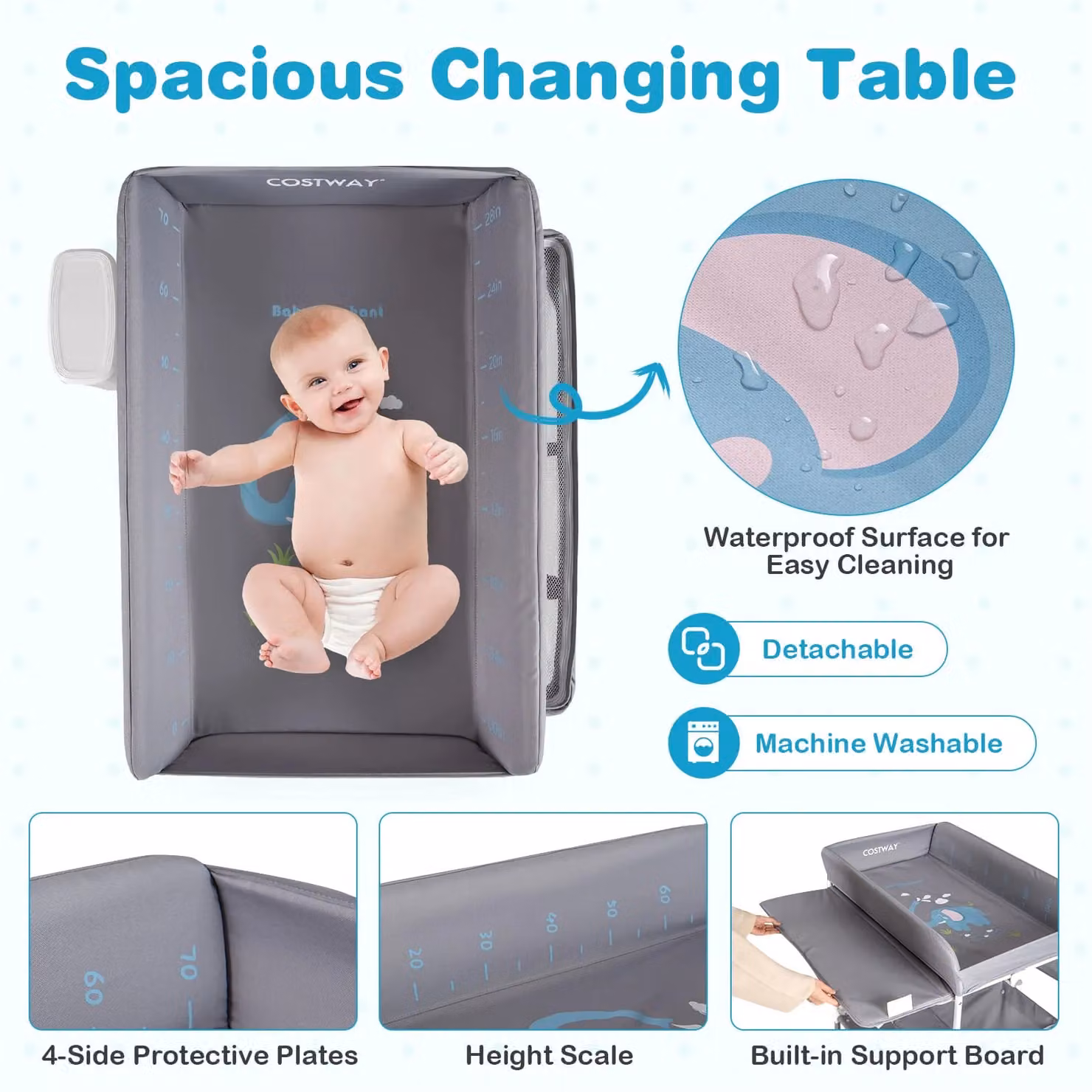 Costway Portable Height Adjustable Baby Changing Table with Wheels, Grey – 2
