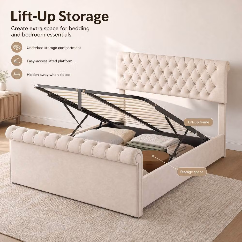STILVORA King Size Upholstered Storage Bed in Beige Velvet with Lift Up Base, W/D/H: 180 x 200 cm – 4