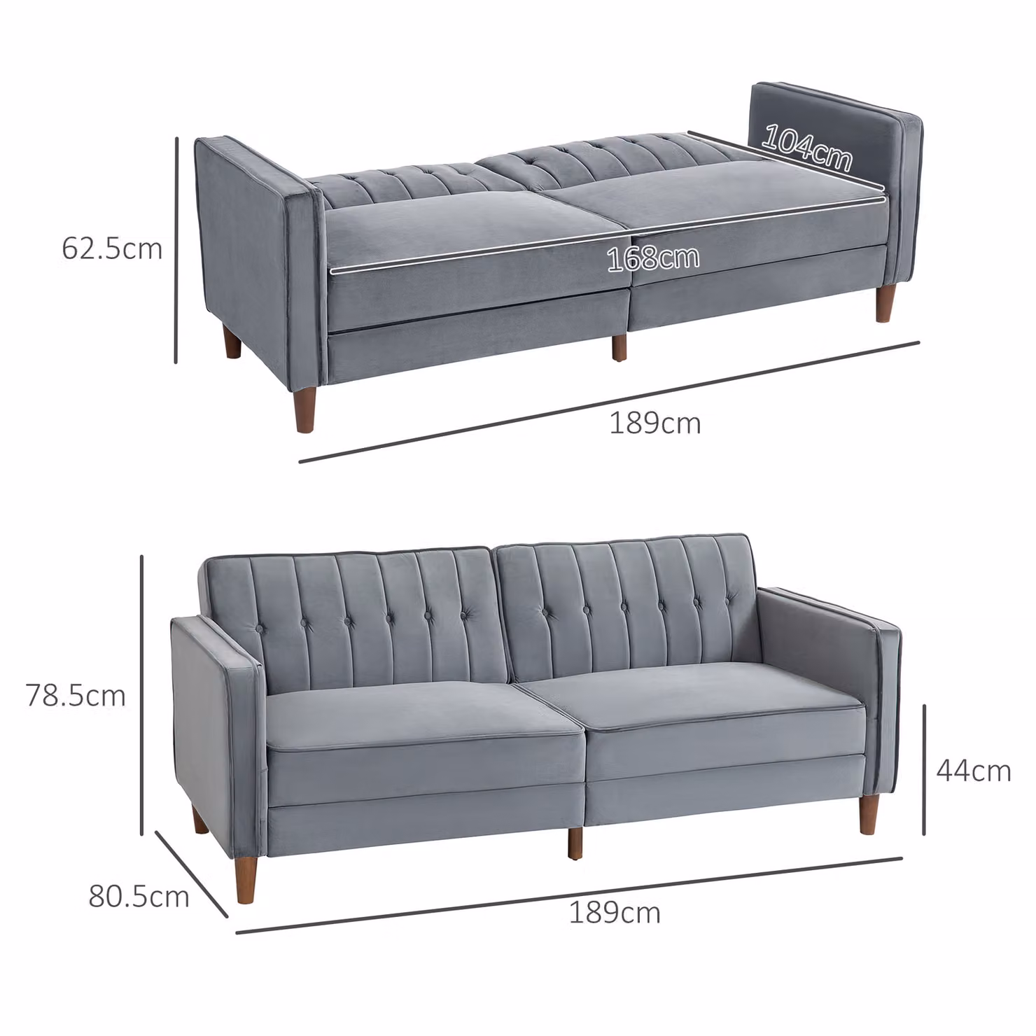 HOMCOM Three-Seater Velvet Sofa Bed in Grey with Sleeping Function – 2