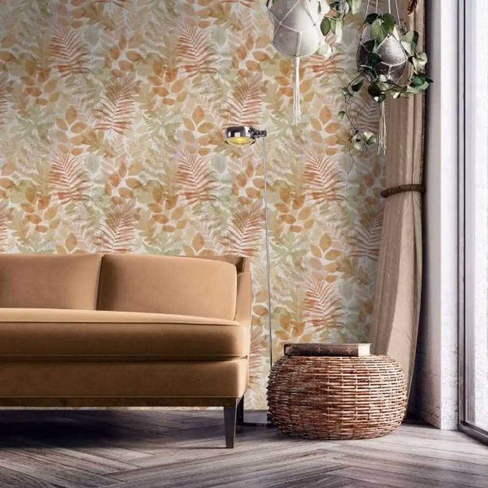Catherine Lansfield Leaves Muriva Botanical Floral Wallpaper in Sand and Multicolour – 2